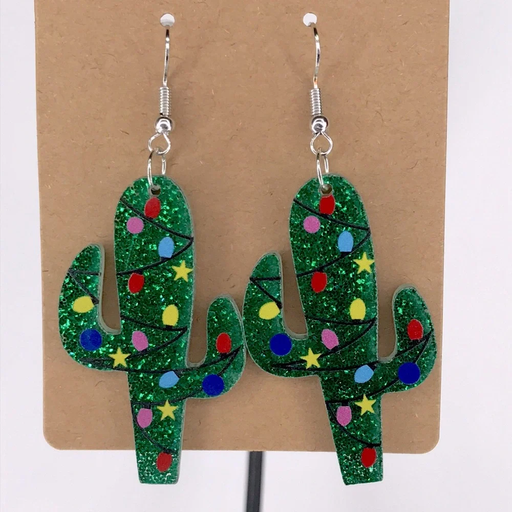 Colorful Christmas Cactus With Lights Acrylic Earrings Fashion Jewelry